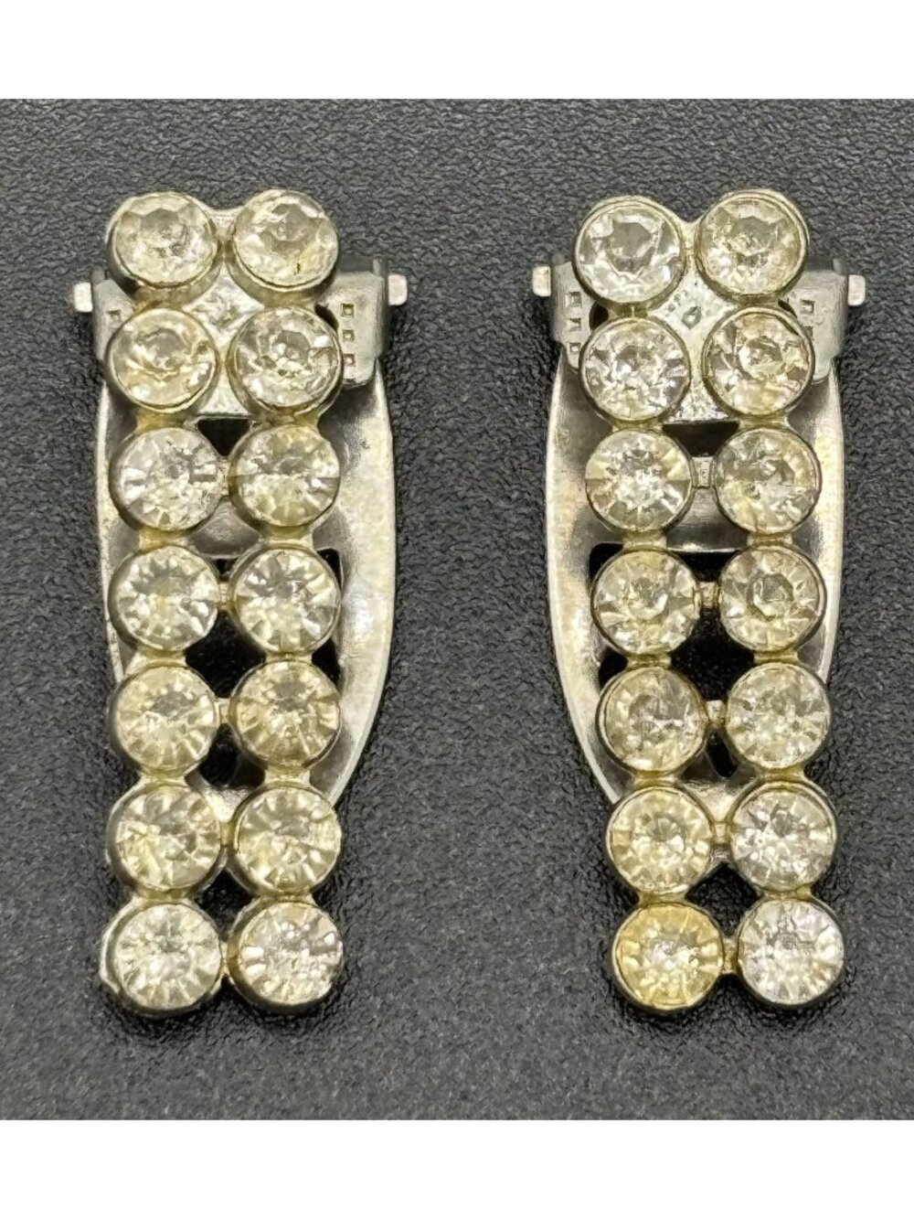 Vintage Pair of Pot Metal Dress Clips Silver-Tone Two Rows of Clear Rhinestones